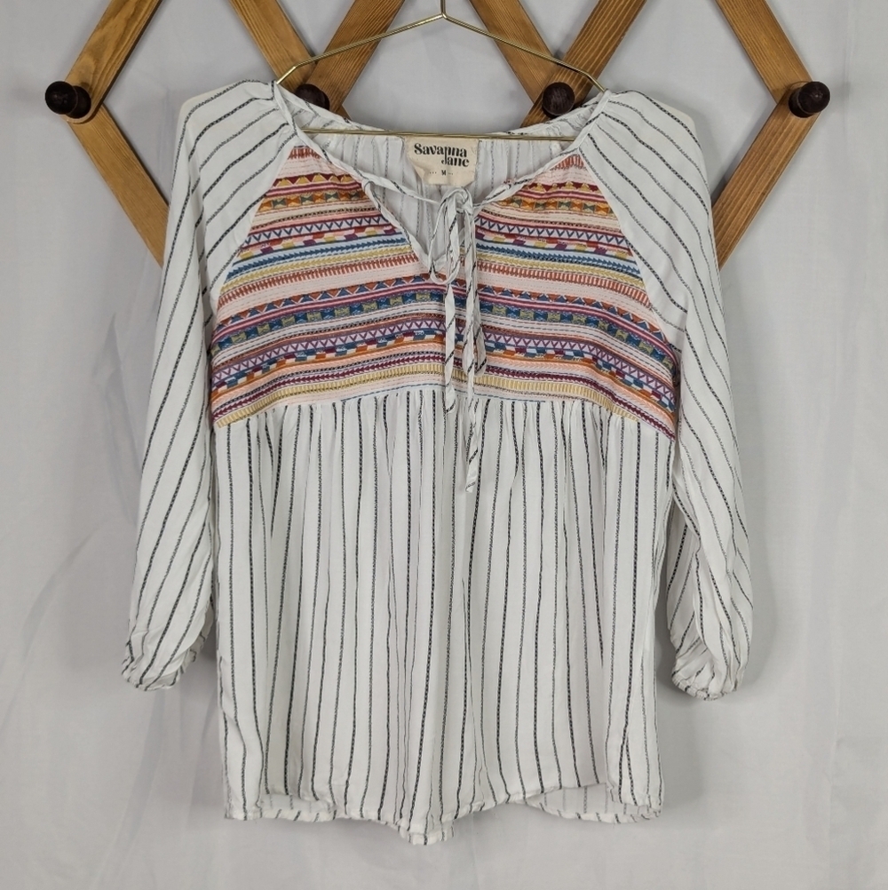 Savanna Jane Embroidered 3/4 Sleeve Popover Swing Blouse - Size Medium